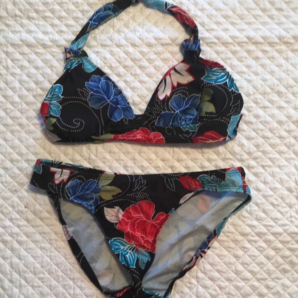 Black Floral Daisy Fuentes Bikini Sz 6 Top, Sz 8 Bottom